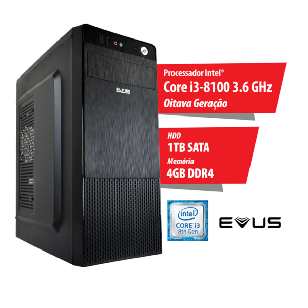 Microcomputador Evus Trend 1004, Core i3-8100 3.6 GHz, 4GB DDR4, HD 1TB